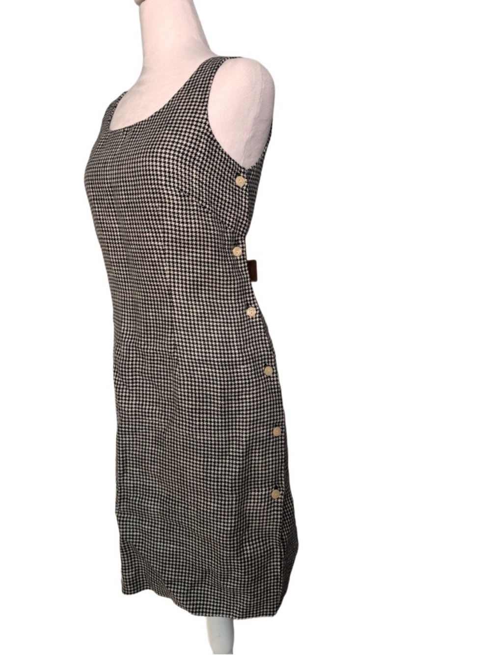 90s Vintage Academia Linen Houndstooth Dress - British Khaki Robert Lighton